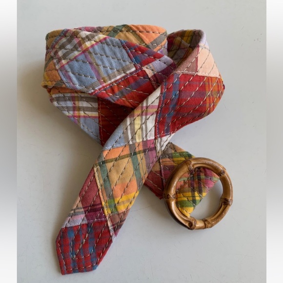 J CREW Womens Belt S MADRAS Plaid Cotton Fabric Wood Bamboo Buckle Ring - Picture 2 of 5
